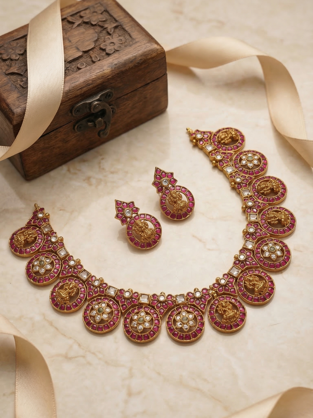 Lakshmi Kemp Stone Temple Necklace Set with Coin Design