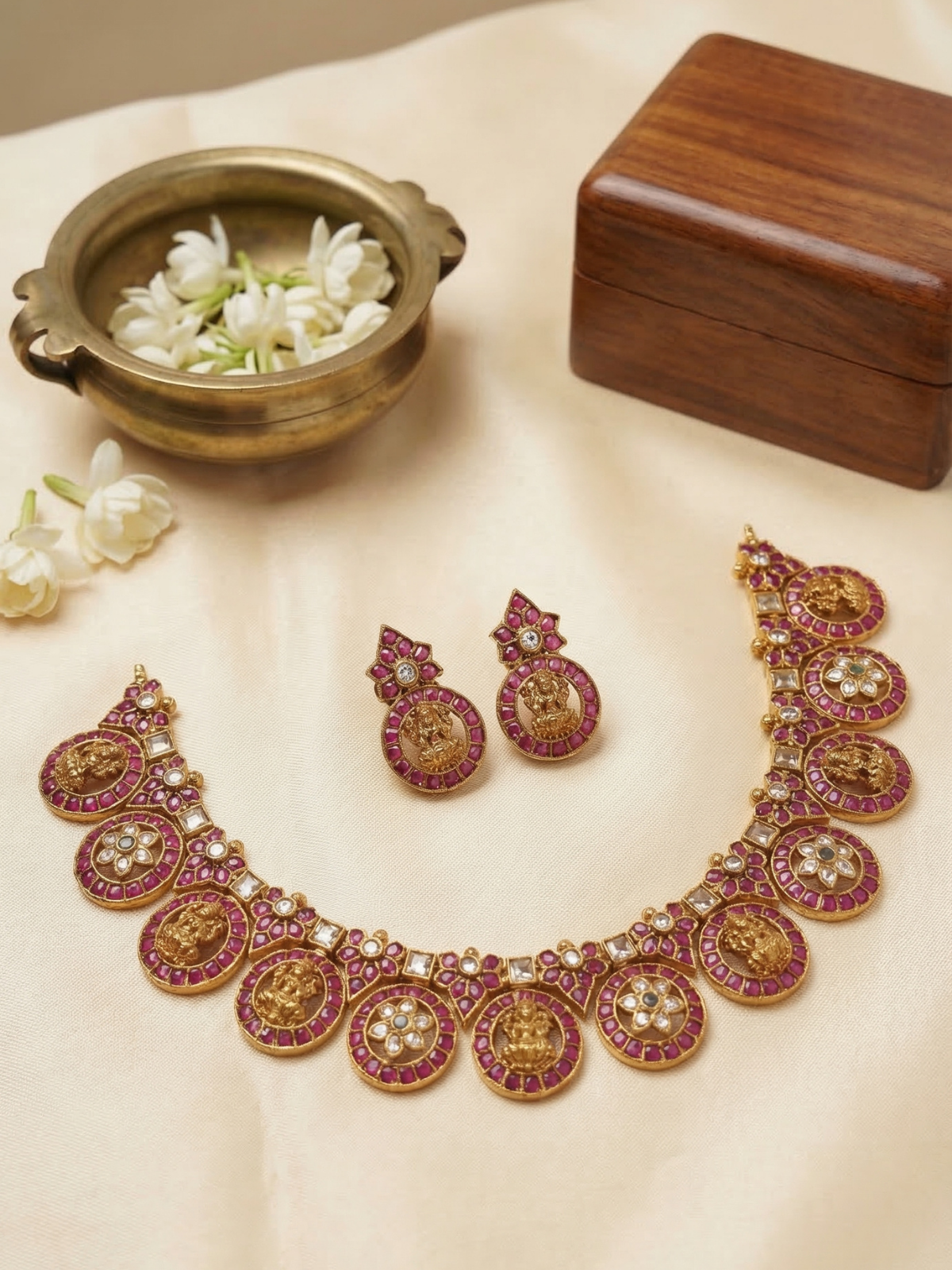 Lakshmi Kemp Stone Temple Necklace Set with Coin Design