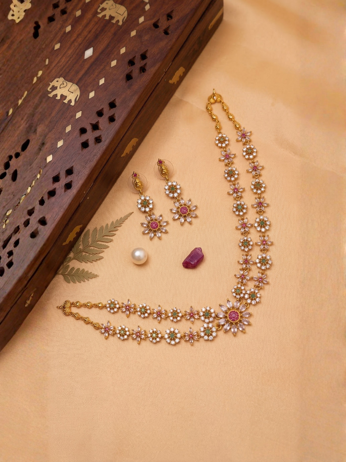 Royal Antique Floral Layered Necklace Set with AD Stones and Earrings