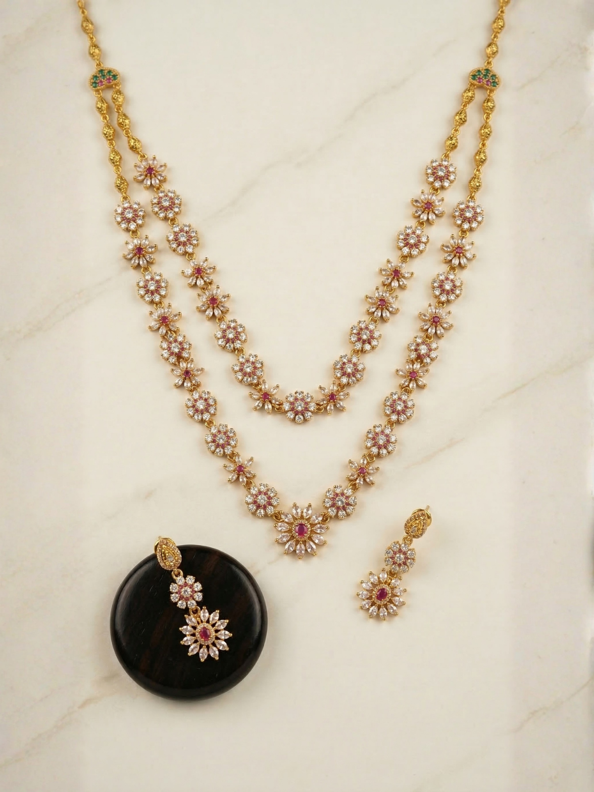 Royal Antique Floral Layered Necklace Set with AD Stones and Earrings