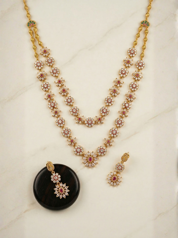 Royal Antique Floral Layered Necklace Set with AD Stones and Earrings