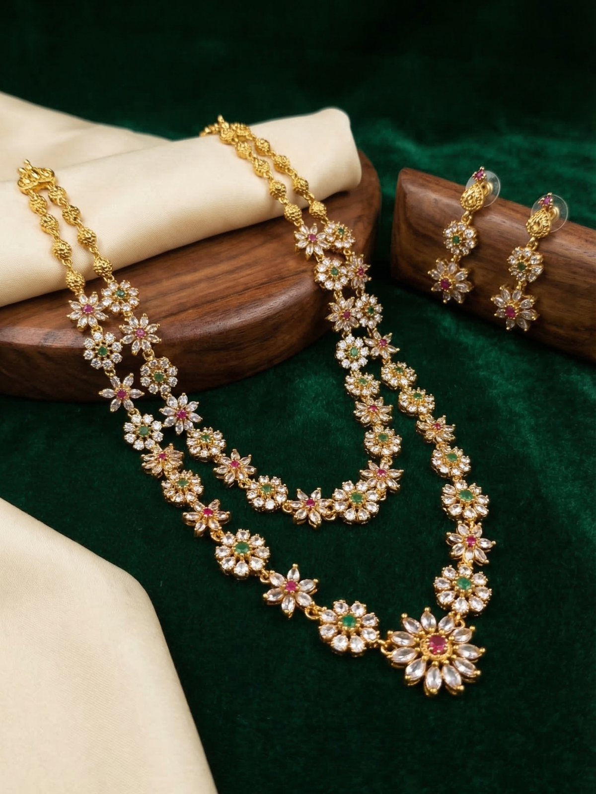 Royal Antique Floral Layered Necklace Set with AD Stones and Earrings