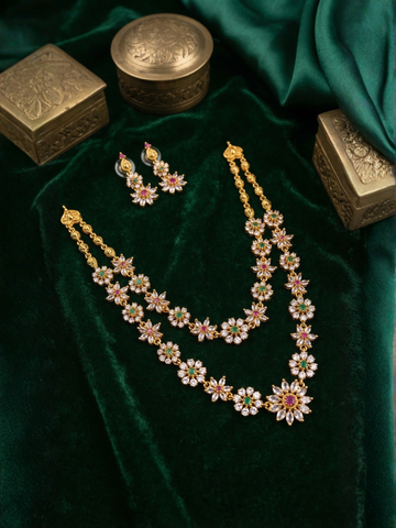 Royal Antique Floral Layered Necklace Set with AD Stones and Earrings
