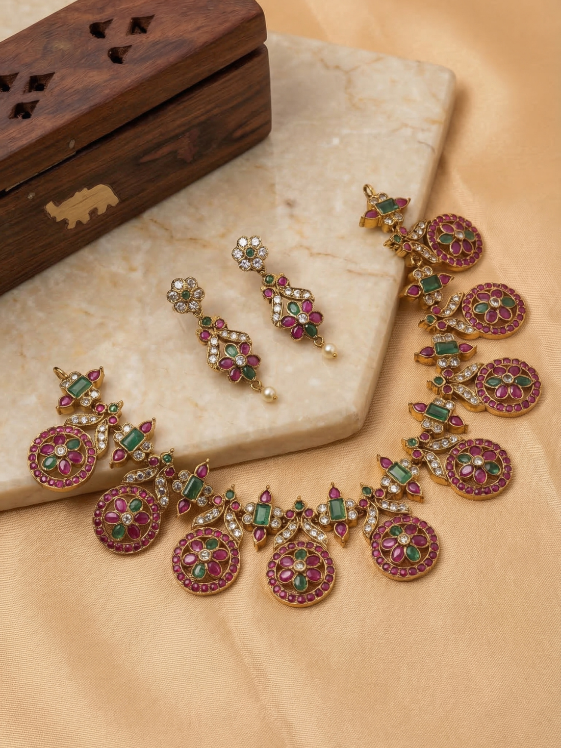 Kemp Stone Floral Coin Necklace Set with Green Stones and Earrings
