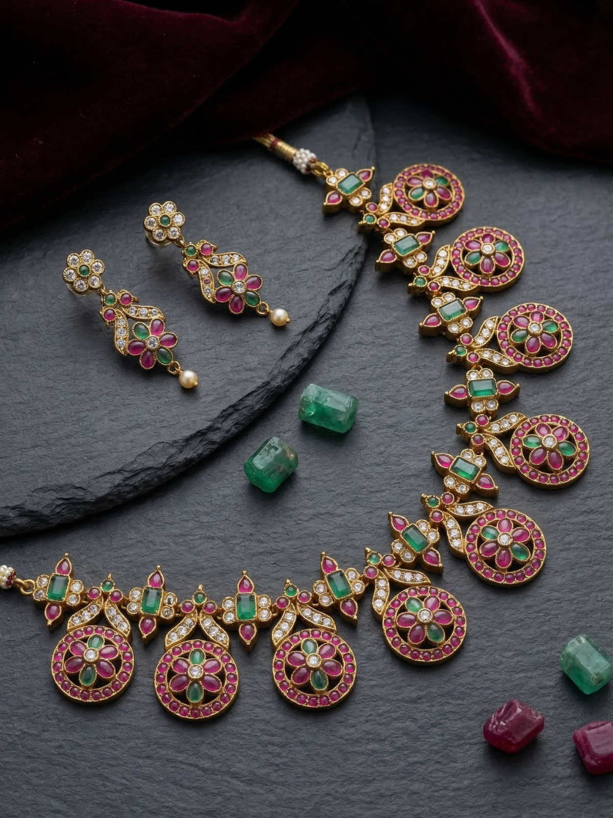Kemp Stone Floral Coin Necklace Set with Green Stones and Earrings