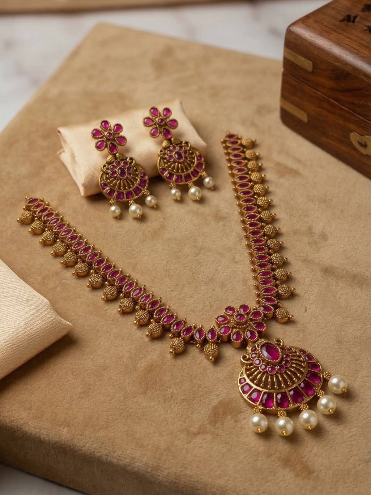 Vintage Royal Kemp Necklace with Pearl Drops And Earrings
