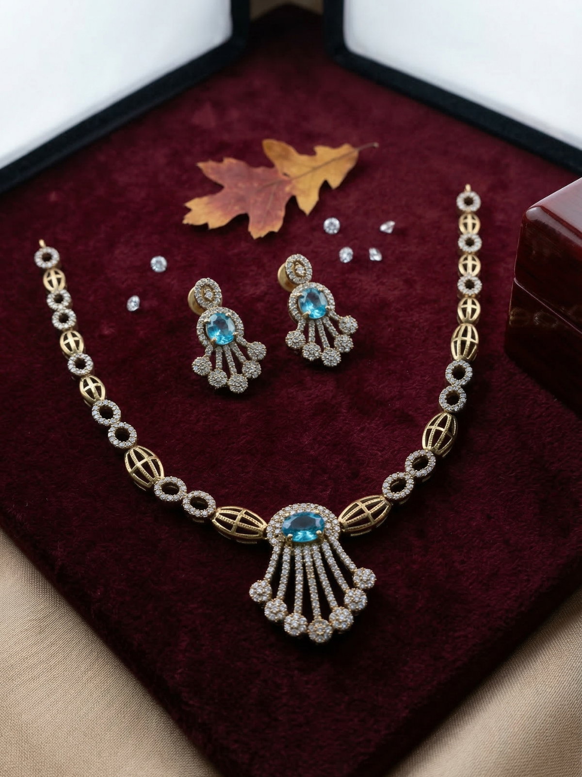 Blue Stone Designer CZ Necklace Set with Earrings