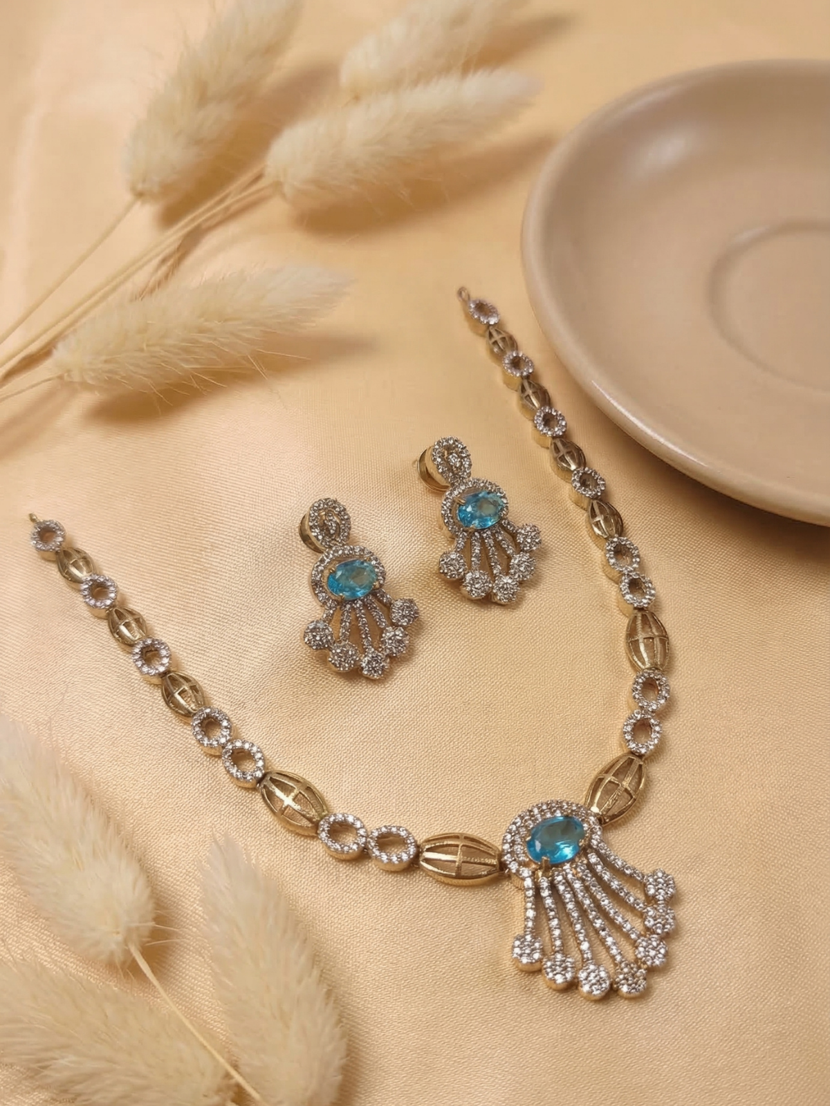 Blue Stone Designer CZ Necklace Set with Earrings