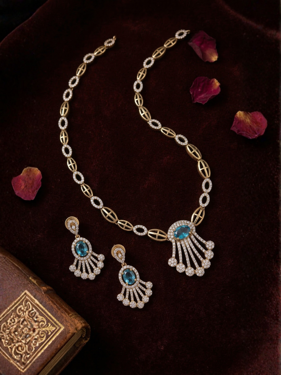Blue Stone Designer CZ Necklace Set with Earrings