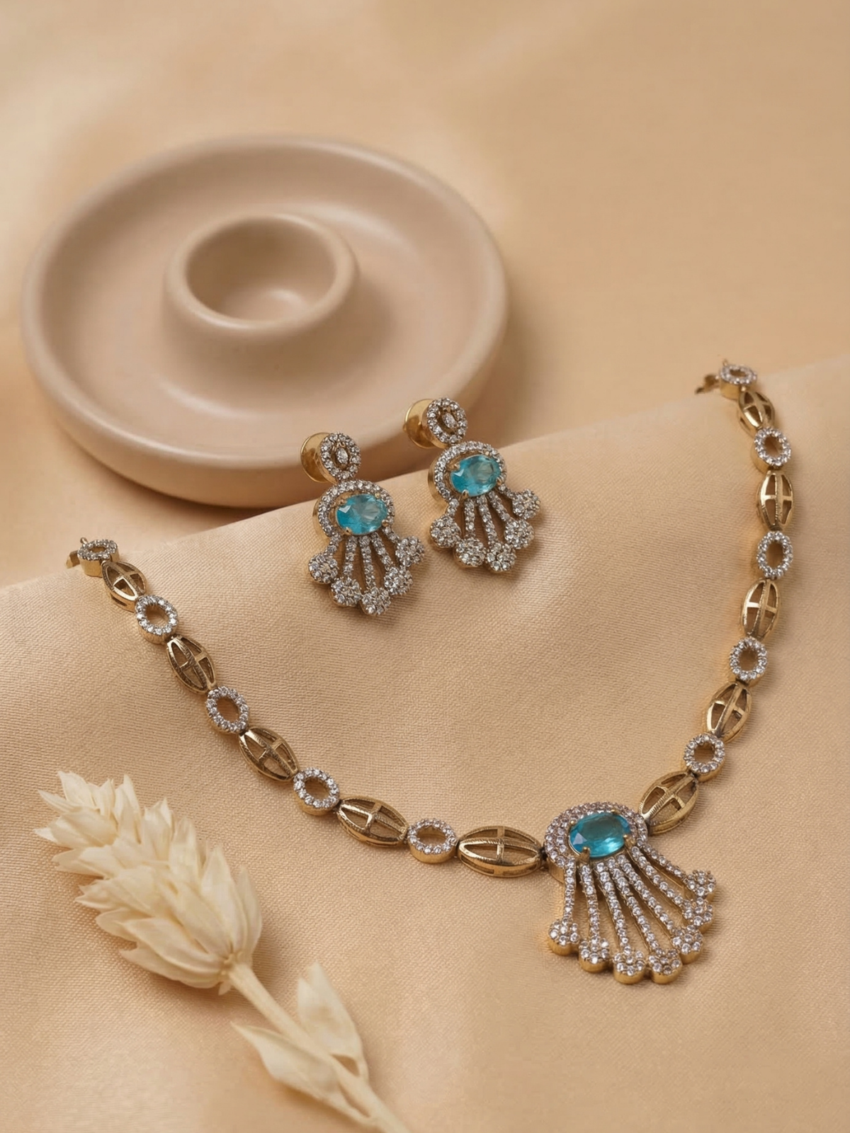 Blue Stone Designer CZ Necklace Set with Earrings