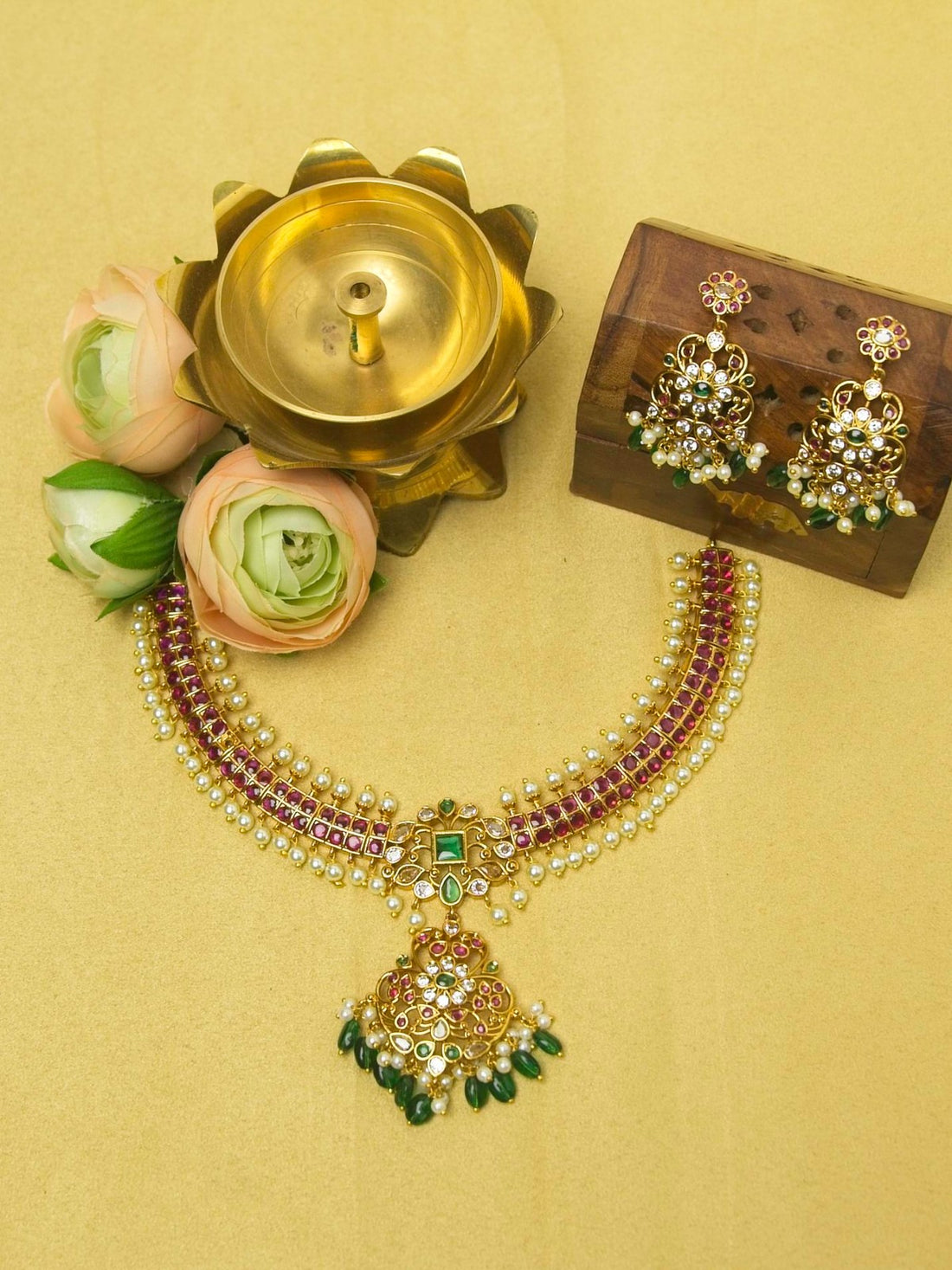 Ratna Kempu Addigai with Muthu Drops & Jhumka – Heritage Choker Set
