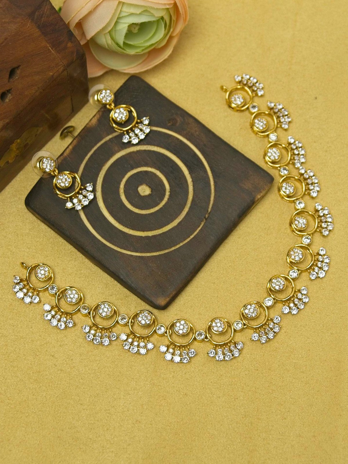 Chandra Ratna Necklace Set with CZ Stones & Drop Earrings-Circles of light, crafted in gold—where simplicity meets quiet elegance.