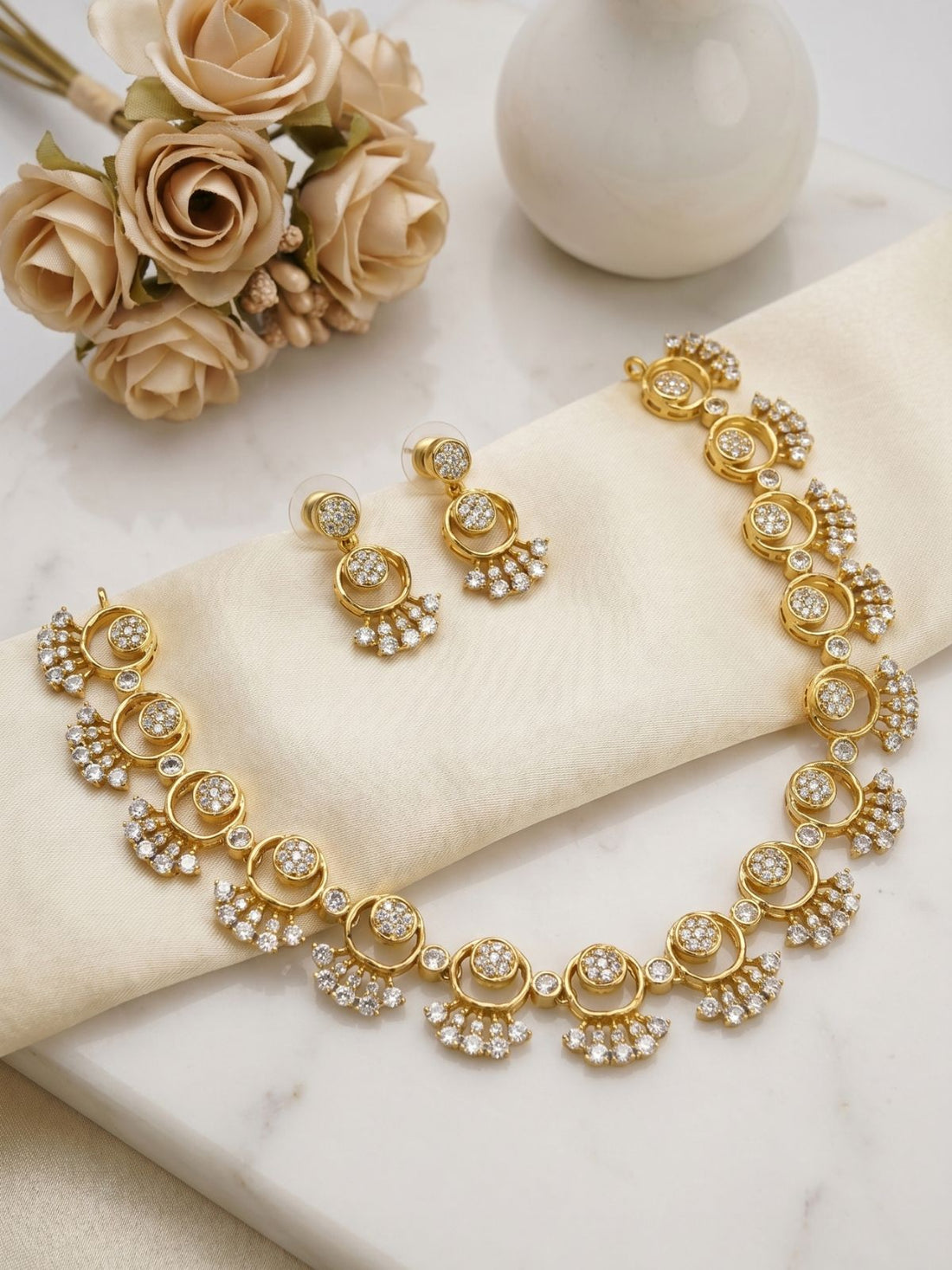 Chandra Ratna Necklace Set with CZ Stones & Drop Earrings-Circles of light, crafted in gold—where simplicity meets quiet elegance.