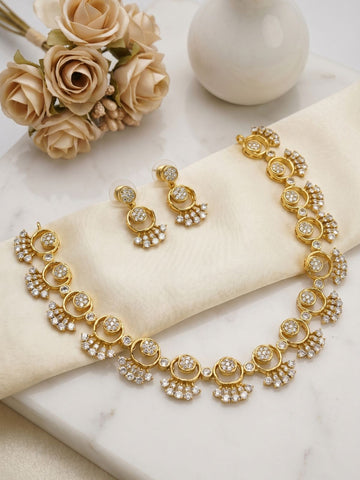 Chandra Ratna Necklace Set with CZ Stones & Drop Earrings-Circles of light, crafted in gold—where simplicity meets quiet elegance.
