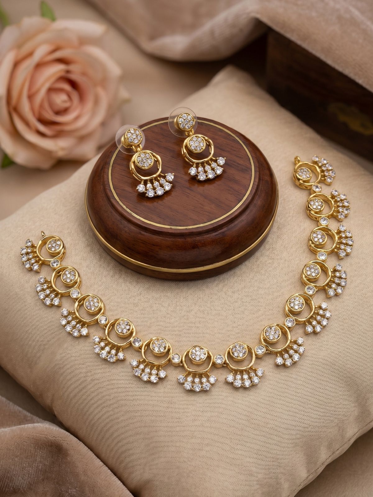 Chandra Ratna Necklace Set with CZ Stones & Drop Earrings-Circles of light, crafted in gold—where simplicity meets quiet elegance.
