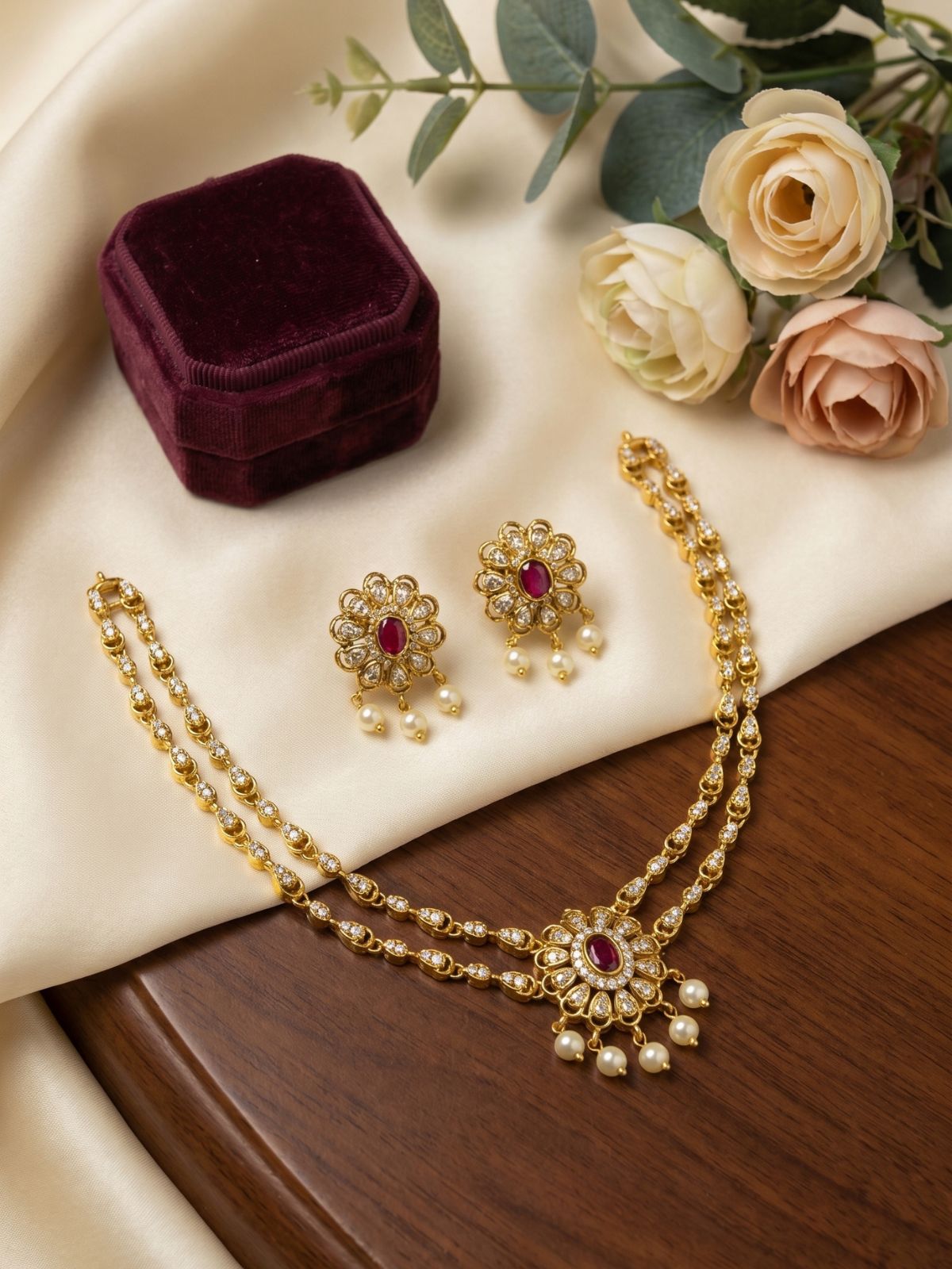 Heritage Ruby Blossom Layered Necklace Set with Earrings