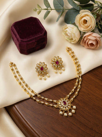 Heritage Ruby Blossom Layered Necklace Set with Earrings