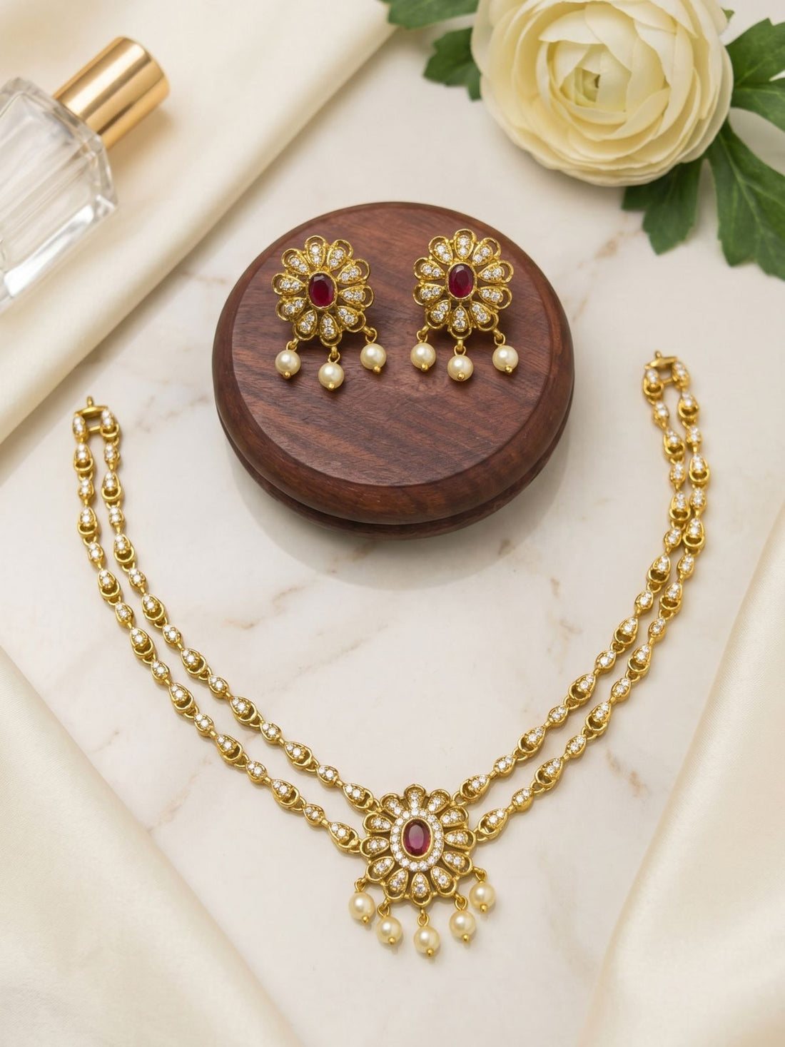Heritage Ruby Blossom Layered Necklace Set with Earrings