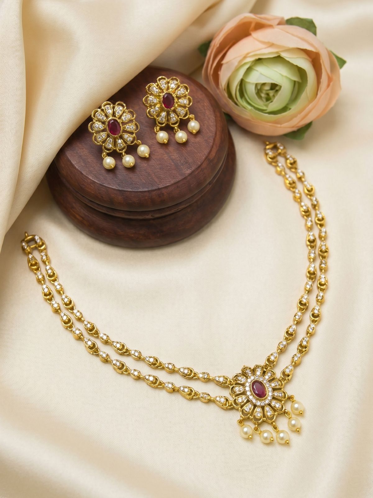 Heritage Ruby Blossom Layered Necklace Set with Earrings