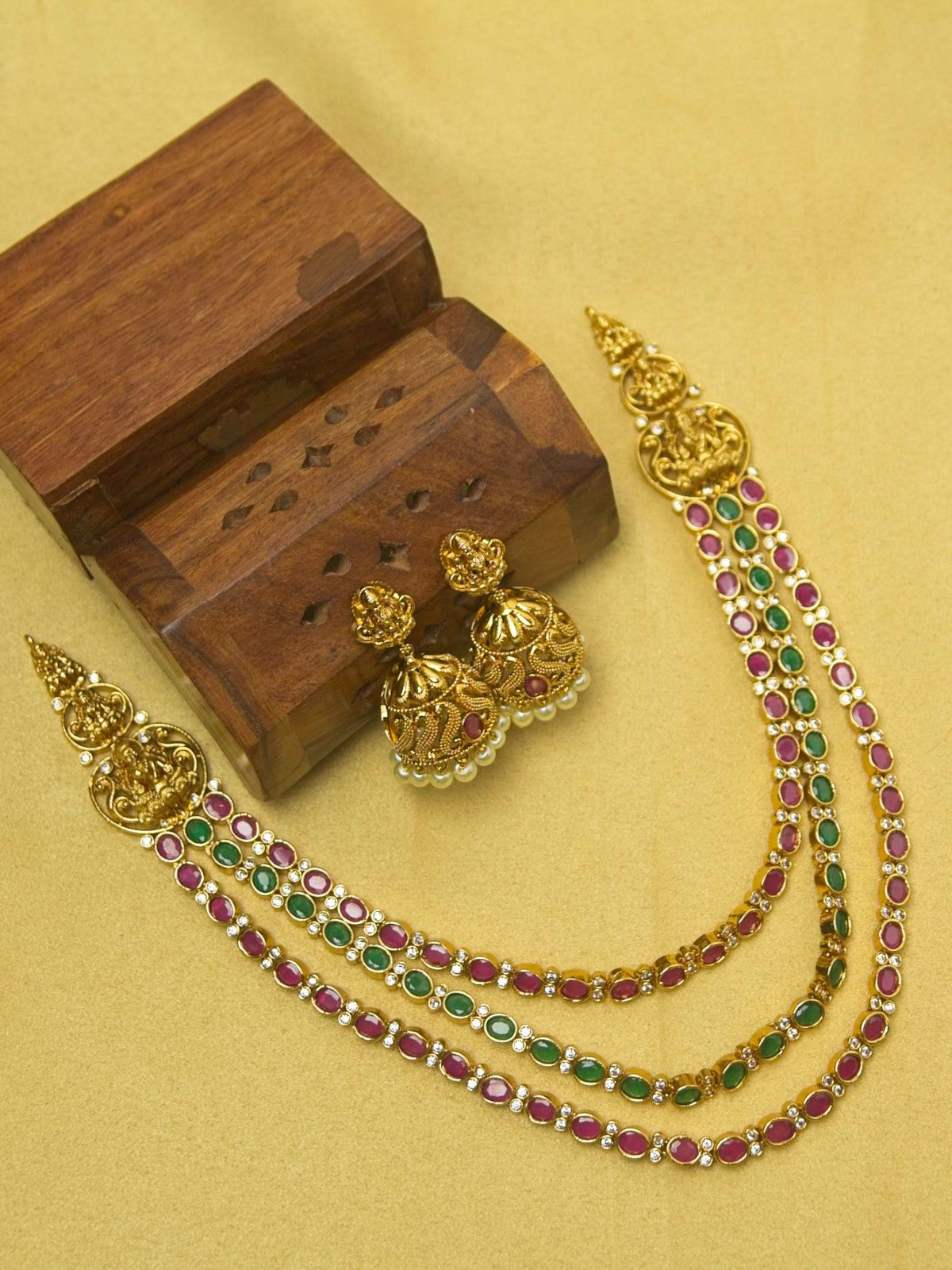 Kempu Green Triple Layer Necklace Set with Temple Jhumkas – Heritage South Indian Jewellery