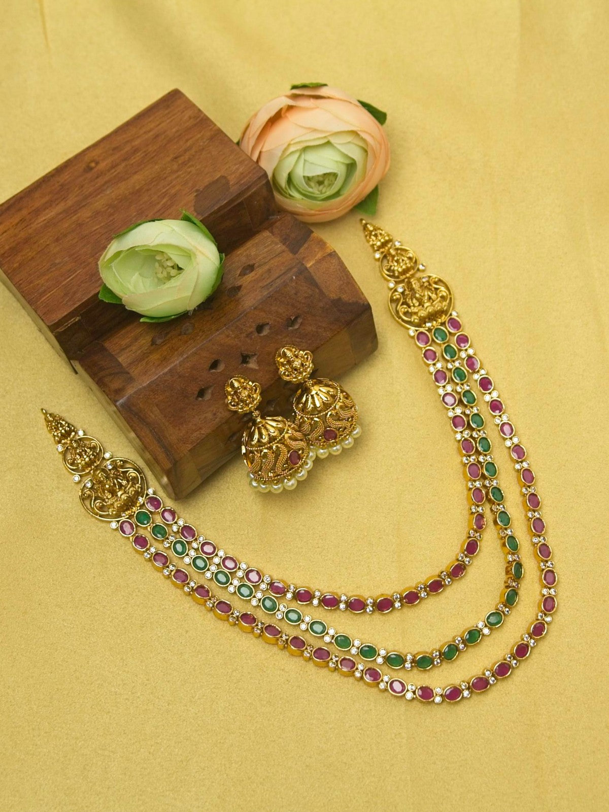 Kempu Green Triple Layer Necklace Set with Temple Jhumkas – Heritage South Indian Jewellery