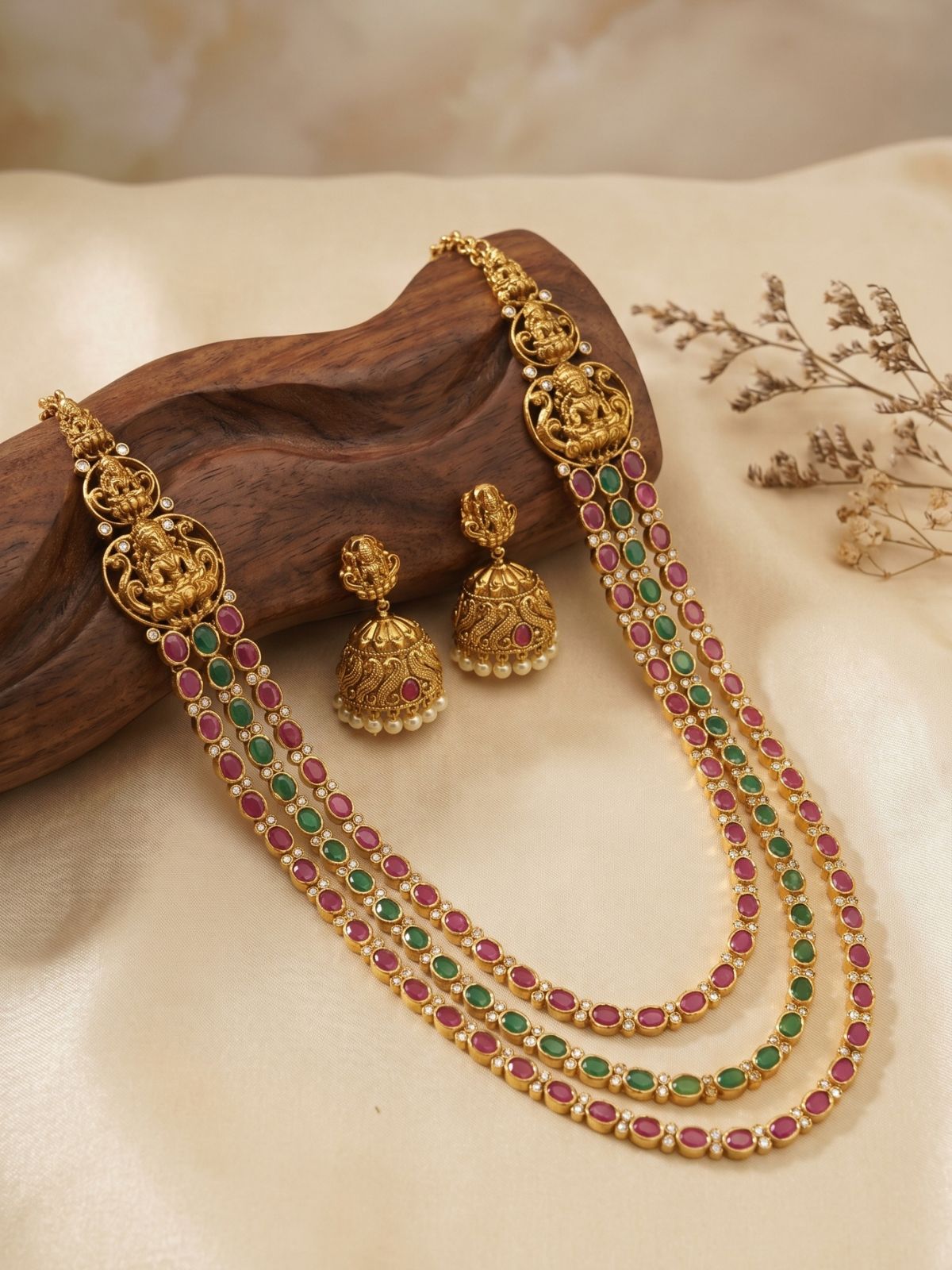 Kempu Green Triple Layer Necklace Set with Temple Jhumkas – Heritage South Indian Jewellery