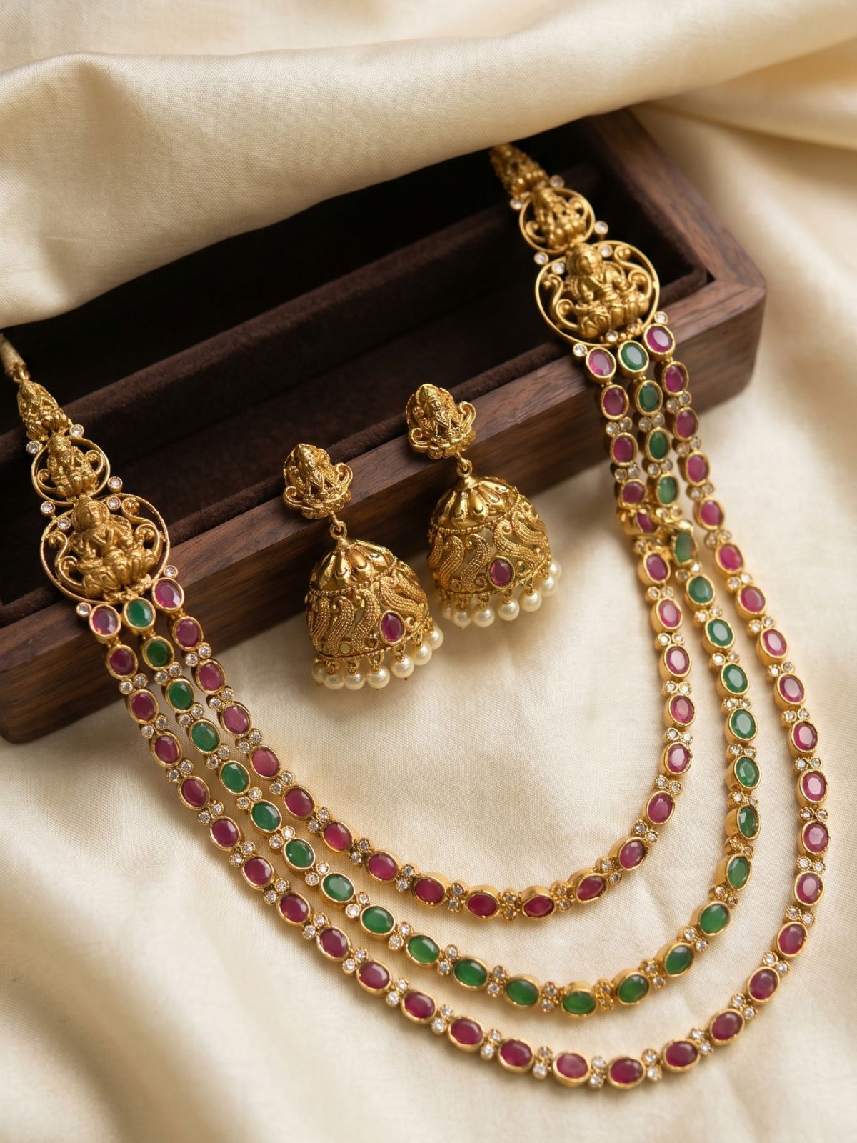 Kempu Green Triple Layer Necklace Set with Temple Jhumkas – Heritage South Indian Jewellery