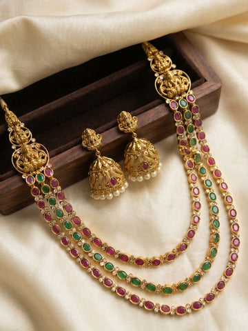 Kempu Green Triple Layer Necklace Set with Temple Jhumkas – Heritage South Indian Jewellery