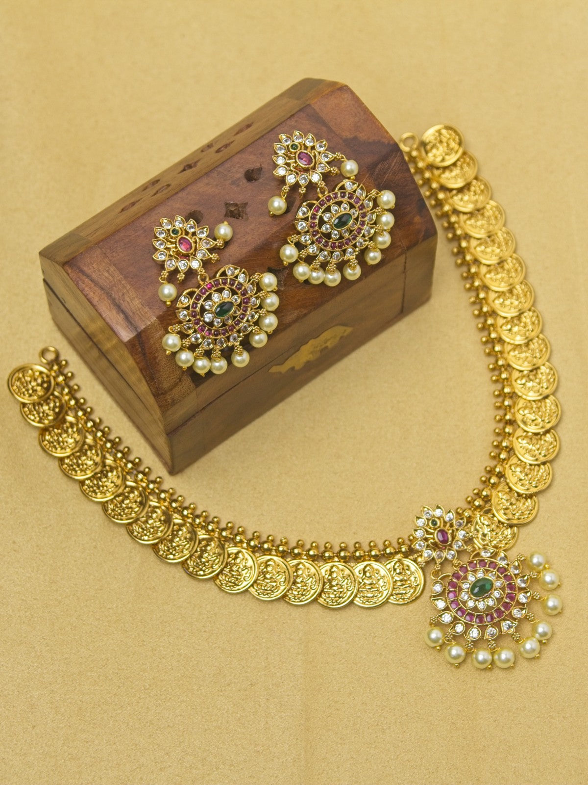 Lakshmi Coin Necklace Set with Kundan & Pearl Drops – Traditional Temple Jewellery