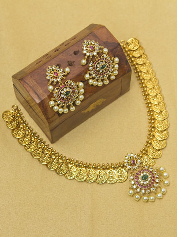 Lakshmi Coin Necklace Set with Kundan & Pearl Drops – Traditional Temple Jewellery