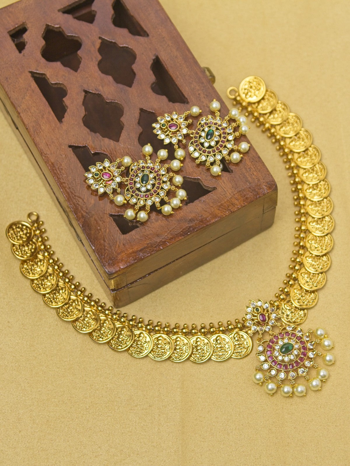Lakshmi Coin Necklace Set with Kundan & Pearl Drops – Traditional Temple Jewellery