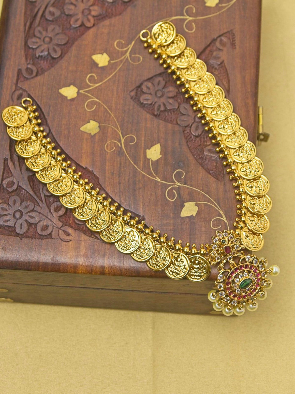 Lakshmi Coin Necklace Set with Kundan & Pearl Drops – Traditional Temple Jewellery