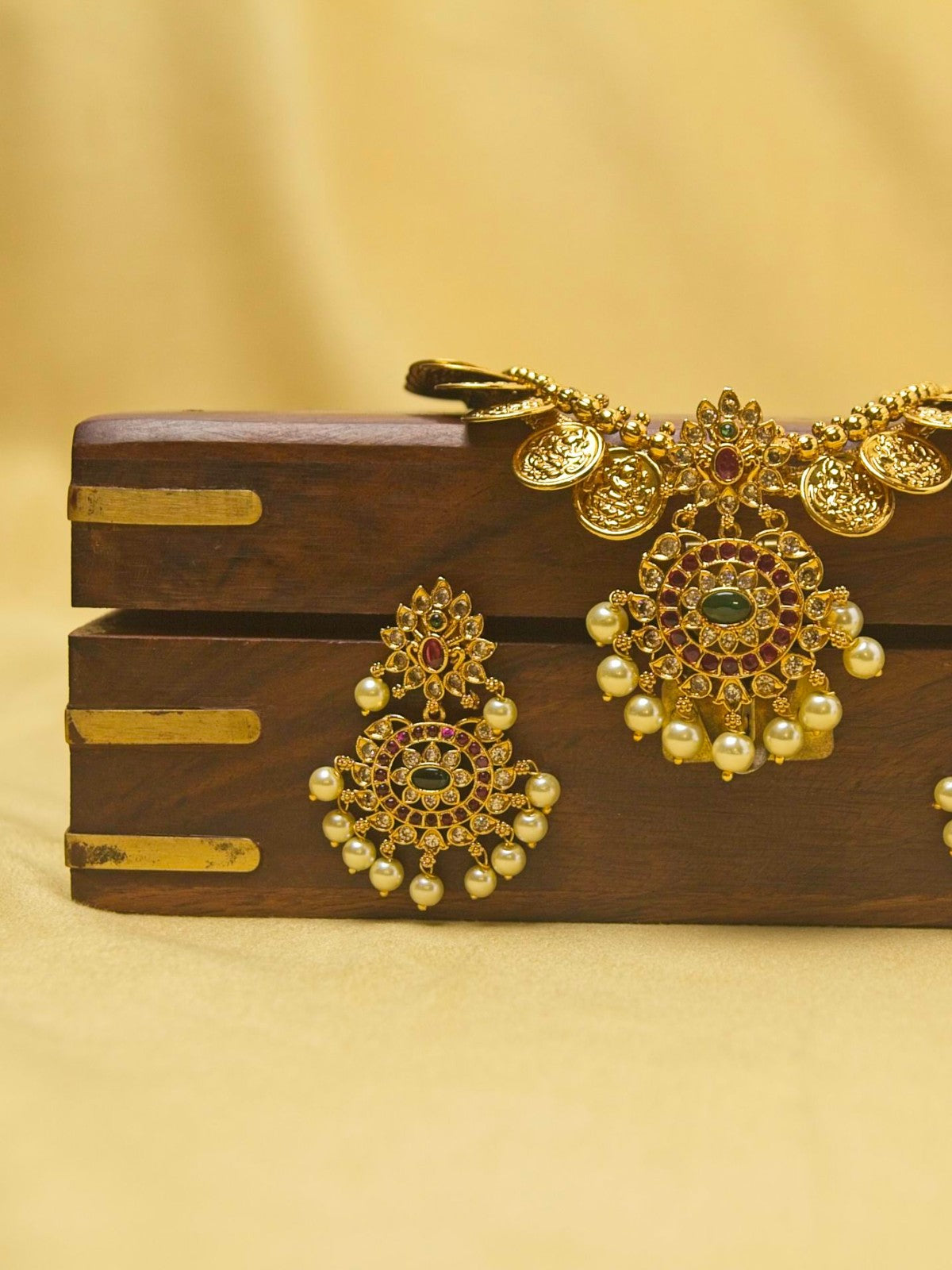 Lakshmi Coin Necklace Set with Kundan & Pearl Drops – Traditional Temple Jewellery