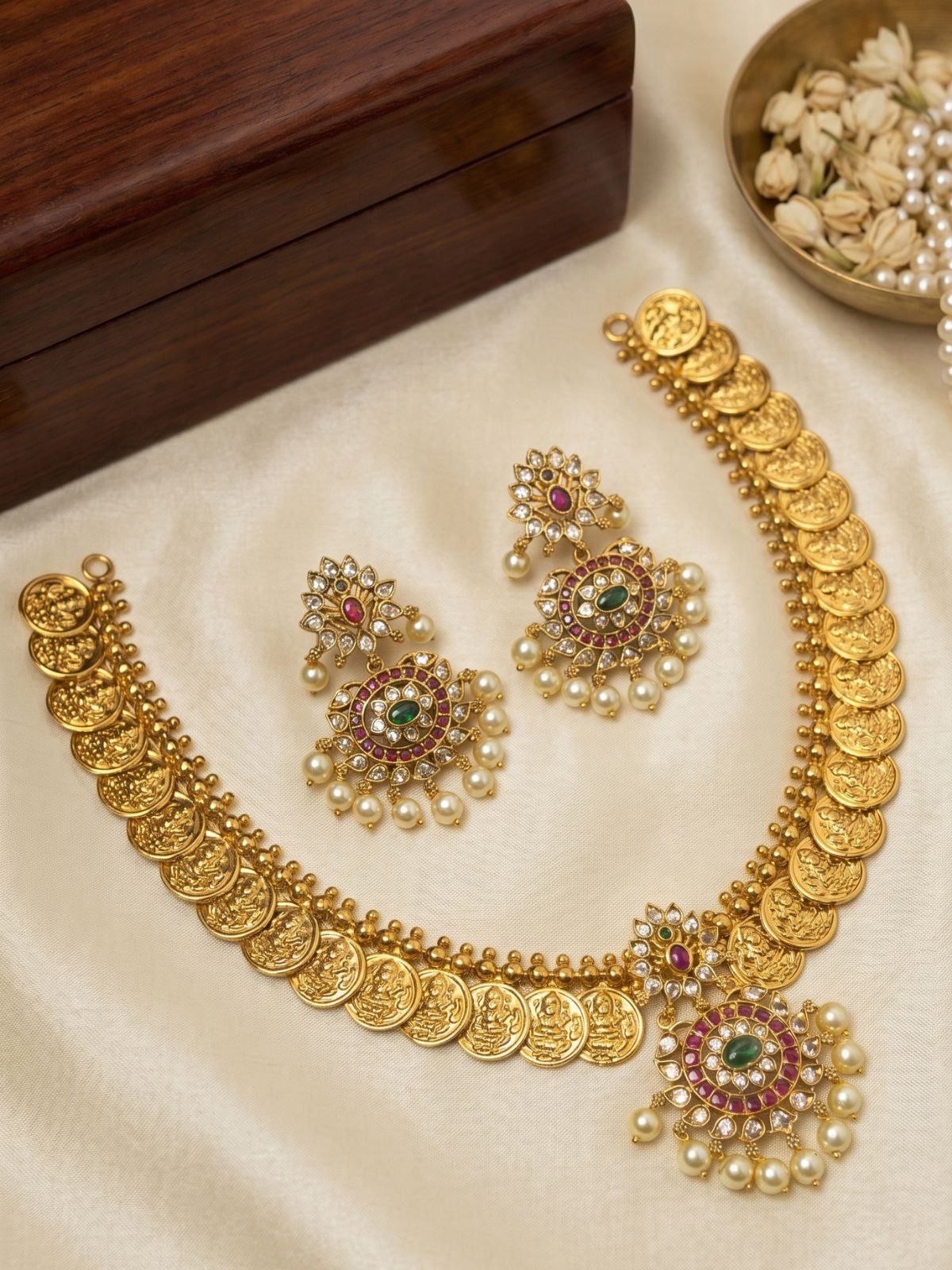 Lakshmi Coin Necklace Set with Kundan & Pearl Drops – Traditional Temple Jewellery