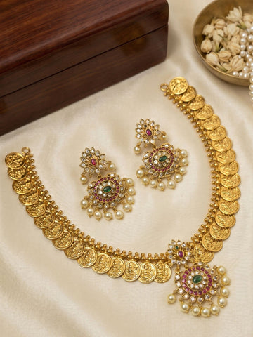 Lakshmi Coin Necklace Set with Kundan & Pearl Drops – Traditional Temple Jewellery
