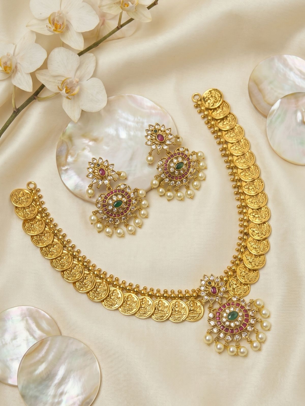Lakshmi Coin Necklace Set with Kundan & Pearl Drops – Traditional Temple Jewellery
