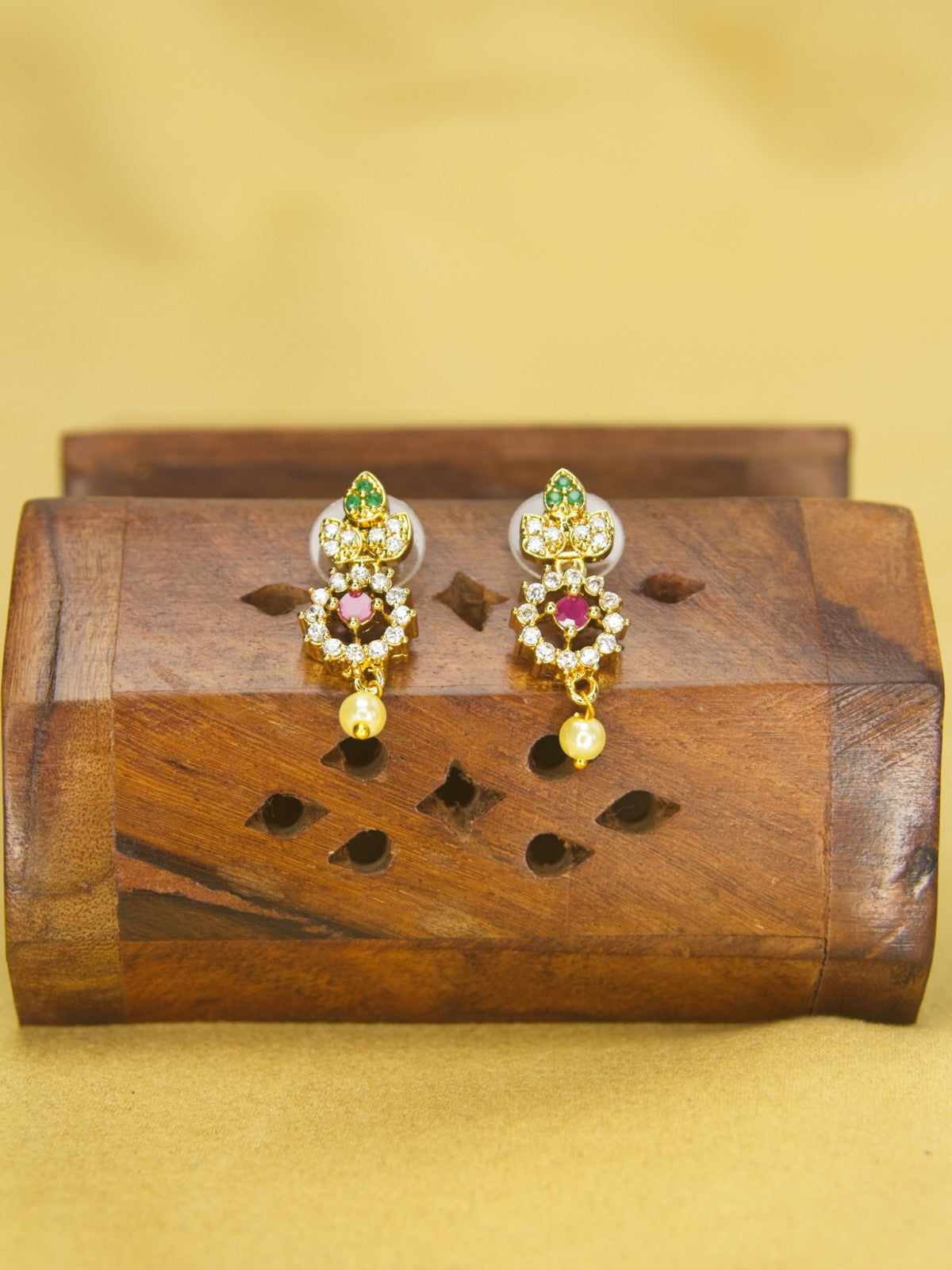 Floral CZ Necklace Set with Multicolor Stones & Drop Earrings – Elegant Gold Finish Jewellery