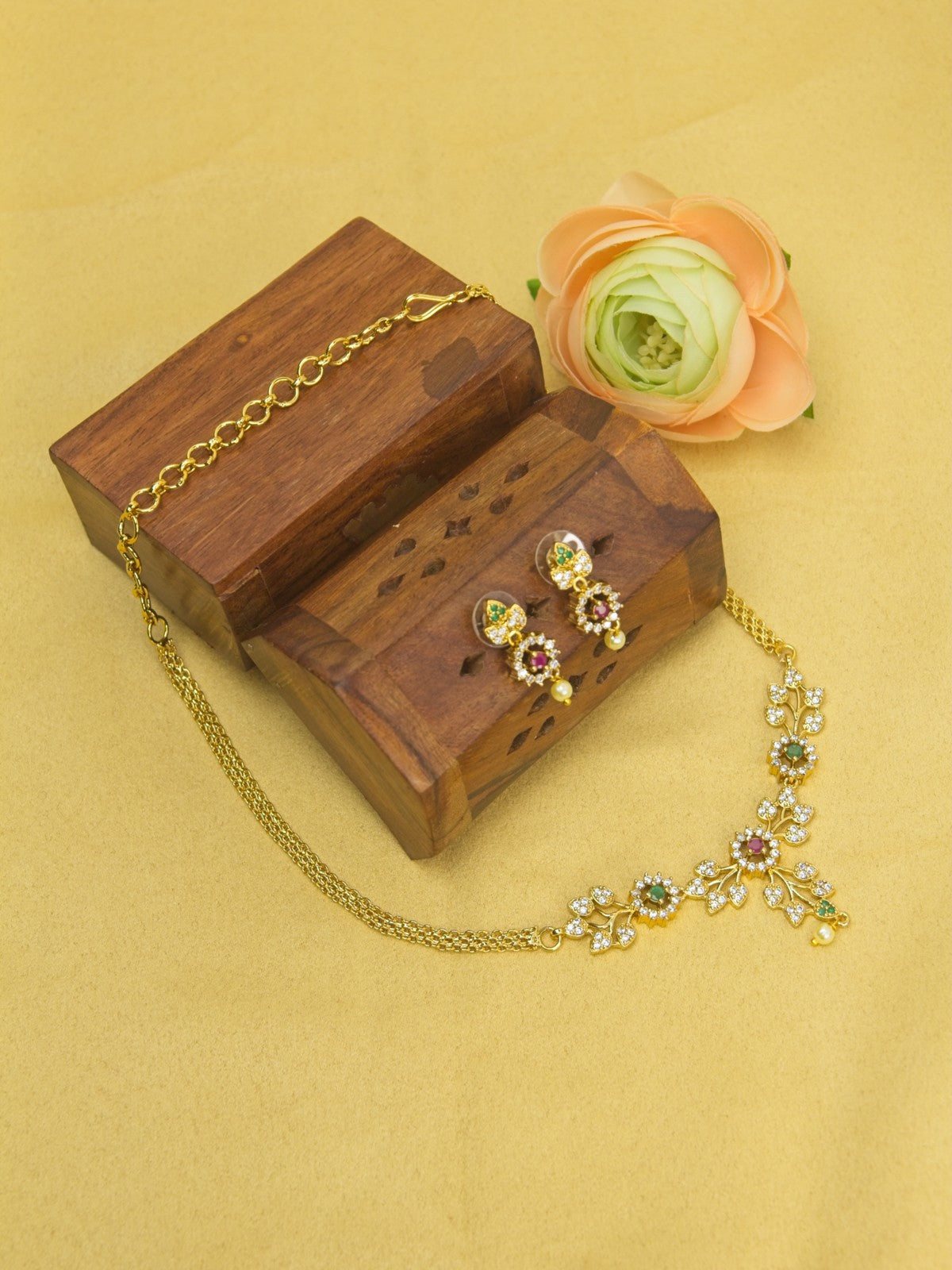 Floral CZ Necklace Set with Multicolor Stones & Drop Earrings – Elegant Gold Finish Jewellery