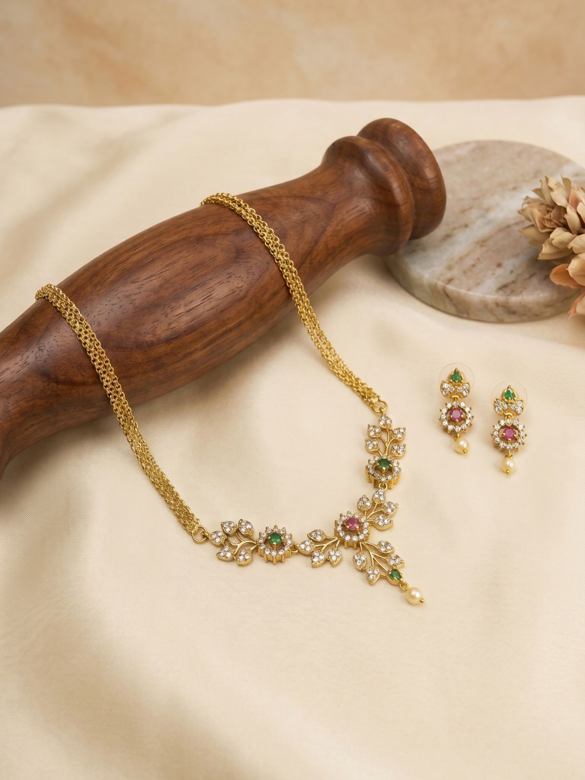 Floral CZ Necklace Set with Multicolor Stones & Drop Earrings – Elegant Gold Finish Jewellery