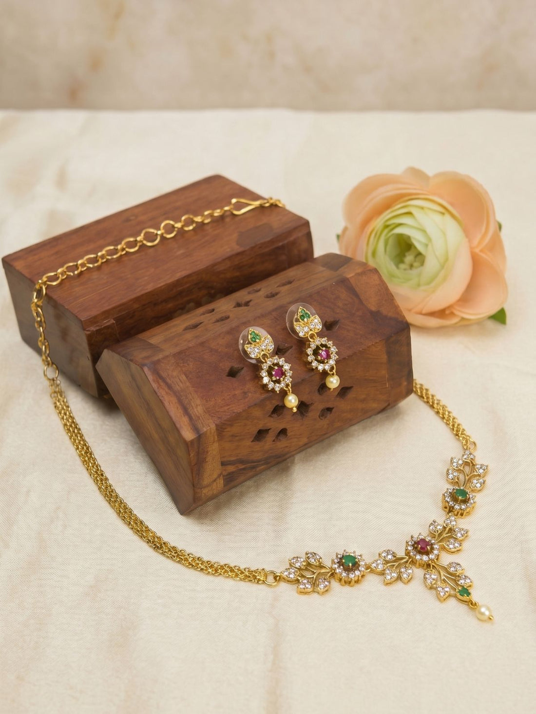 Floral CZ Necklace Set with Multicolor Stones & Drop Earrings – Elegant Gold Finish Jewellery