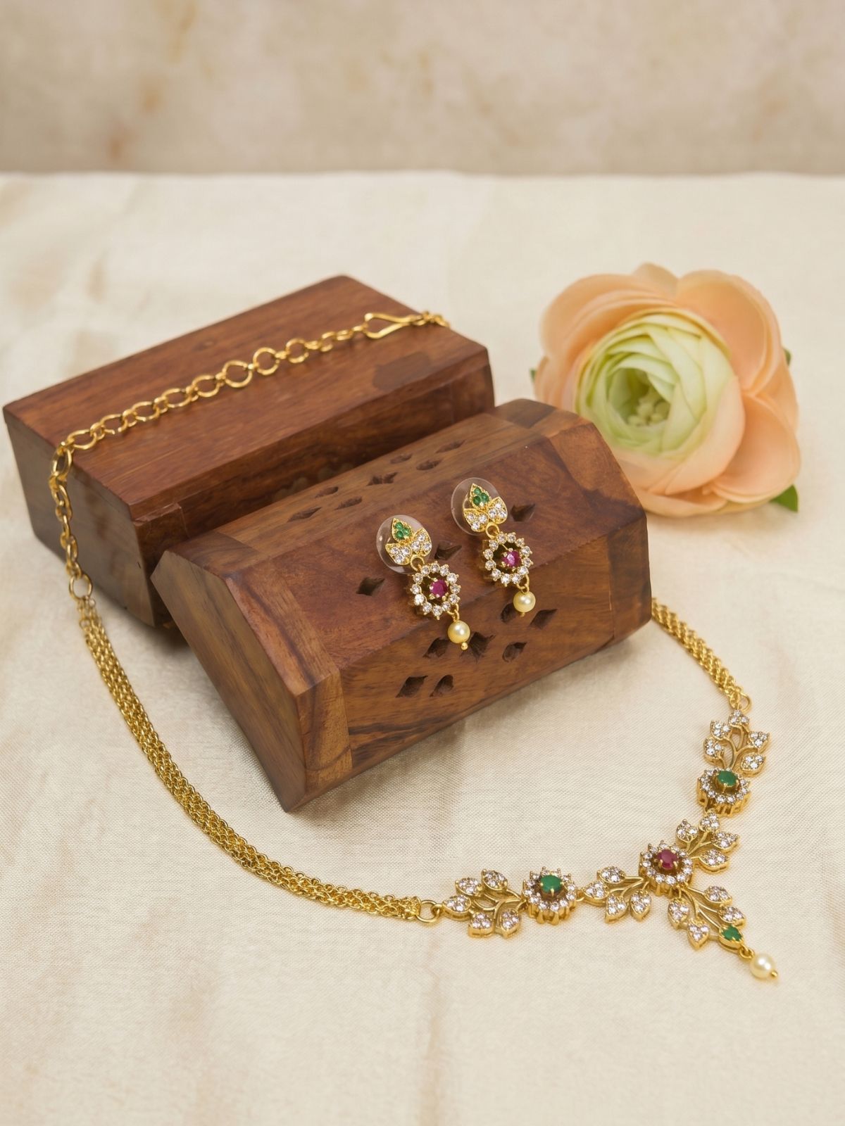 Floral CZ Necklace Set with Multicolor Stones & Drop Earrings – Elegant Gold Finish Jewellery
