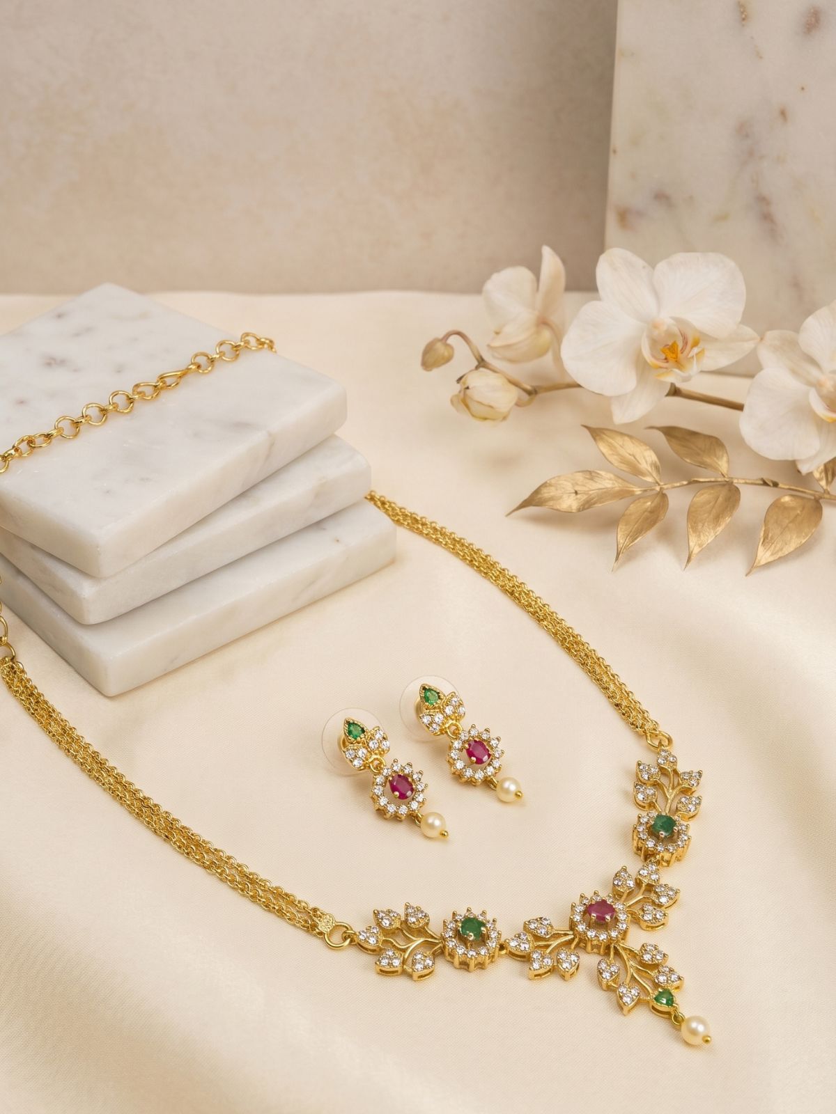 Floral CZ Necklace Set with Multicolor Stones & Drop Earrings – Elegant Gold Finish Jewellery