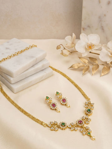 Floral CZ Necklace Set with Multicolor Stones & Drop Earrings – Elegant Gold Finish Jewellery