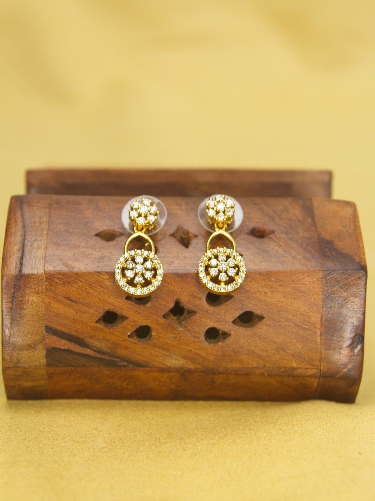 Circular CZ Necklace Set with Drop Earrings – Gold Finish Floral Motif Jewellery