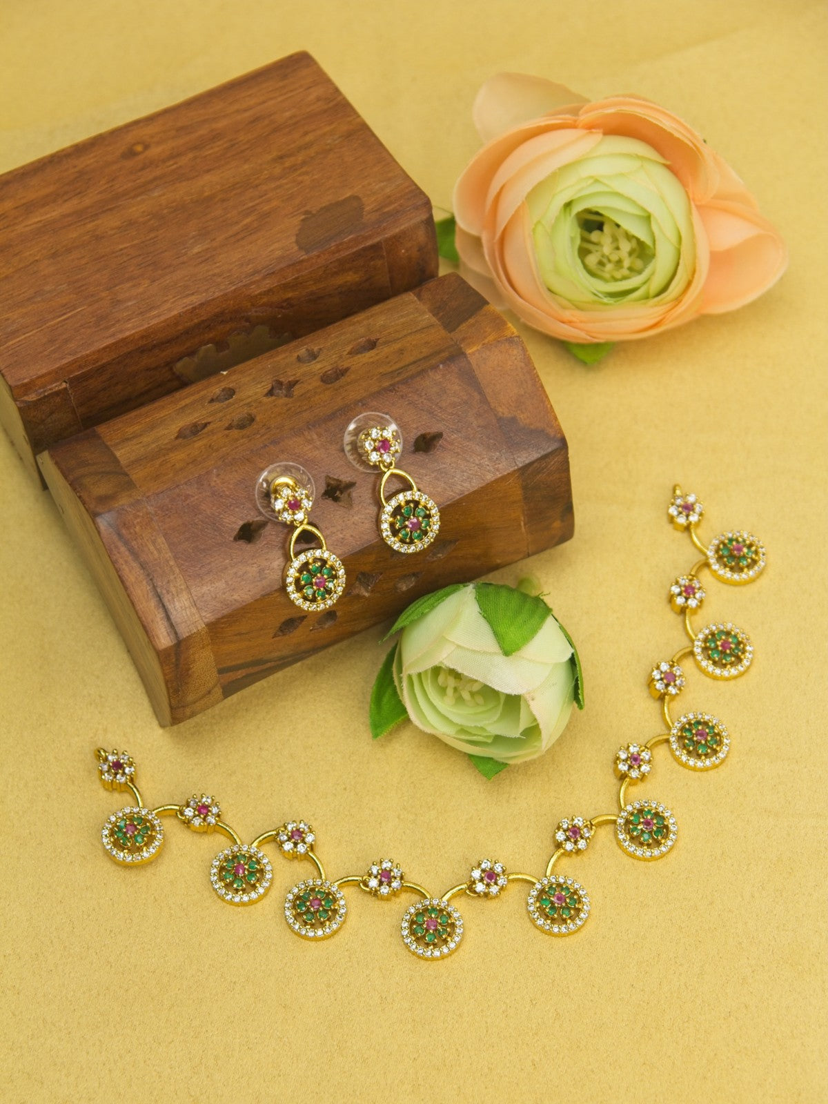 Floral CZ Necklace Set with Multicolor Stone Centers & Drop Earrings – Gold Finish Jewellery