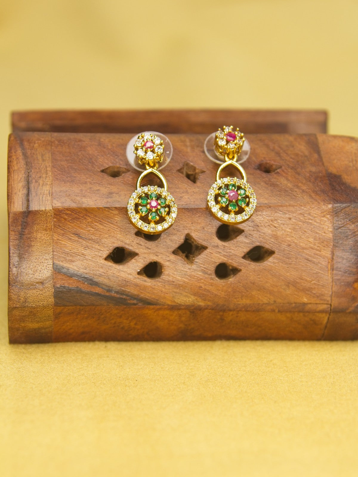 Floral CZ Necklace Set with Multicolor Stone Centers & Drop Earrings – Gold Finish Jewellery