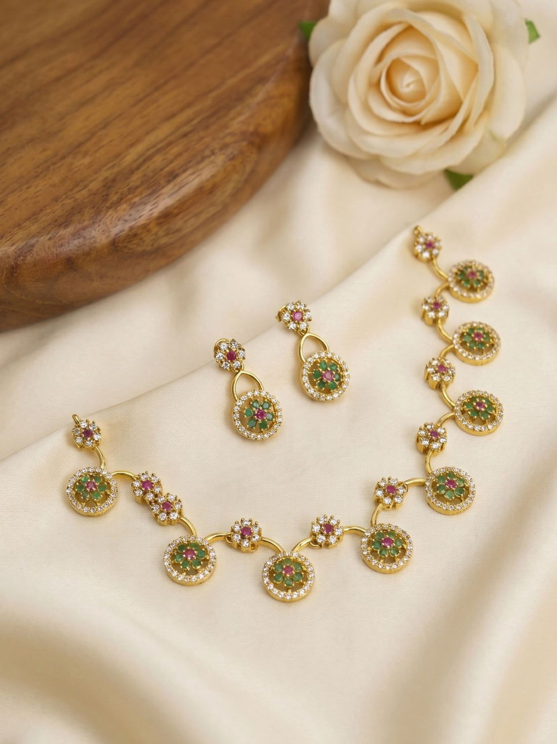 Floral CZ Necklace Set with Multicolor Stone Centers & Drop Earrings – Gold Finish Jewellery