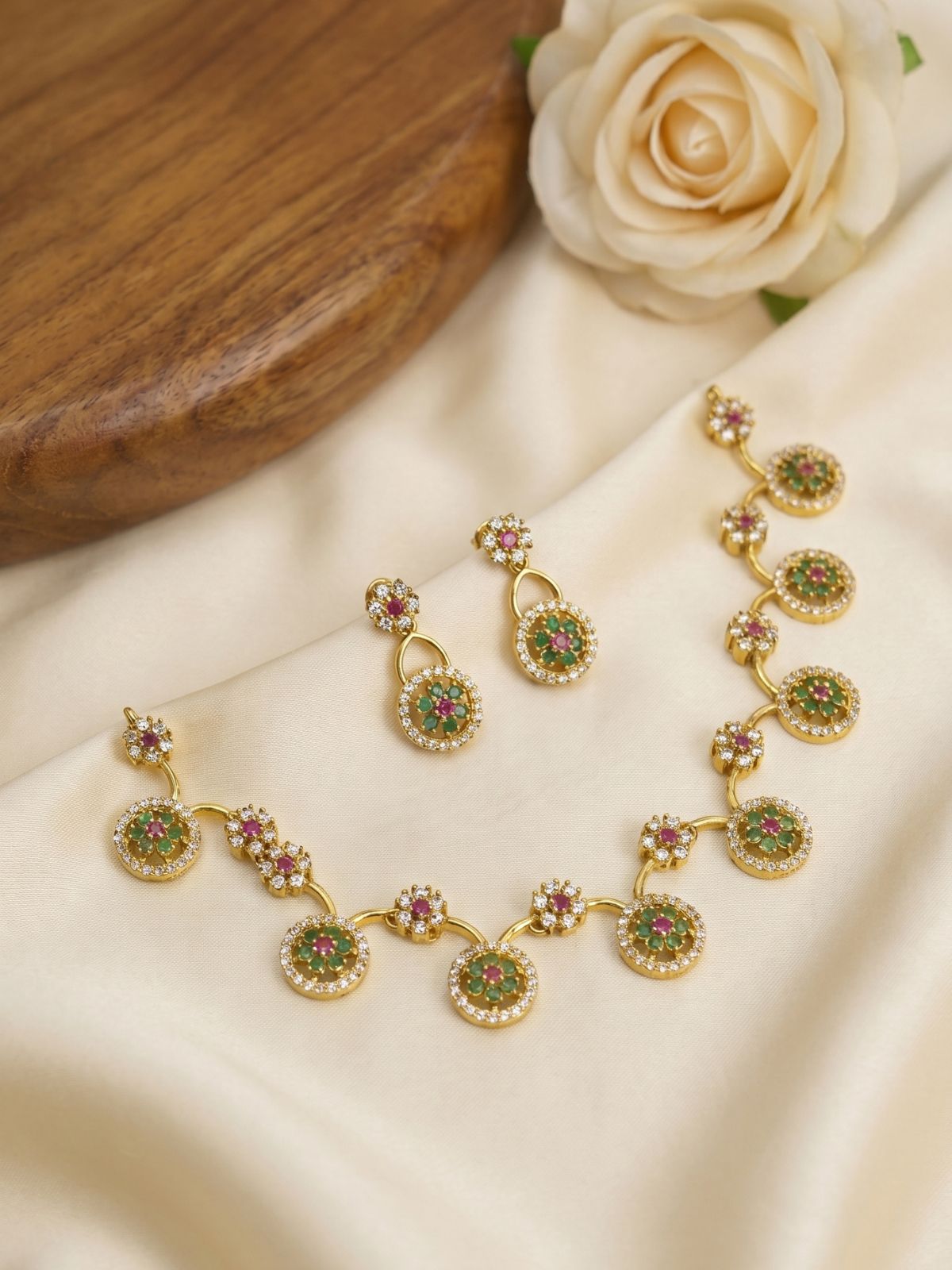 Floral CZ Necklace Set with Multicolor Stone Centers & Drop Earrings – Gold Finish Jewellery