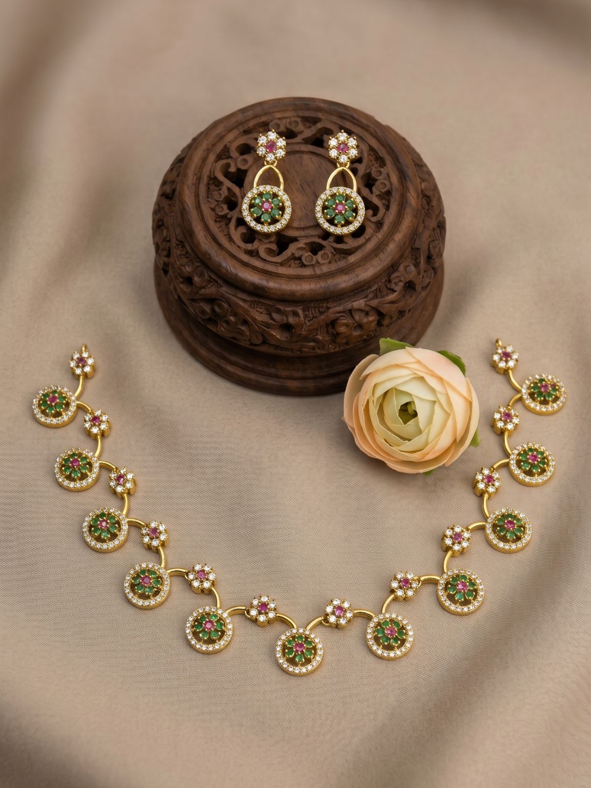 Floral CZ Necklace Set with Multicolor Stone Centers & Drop Earrings – Gold Finish Jewellery