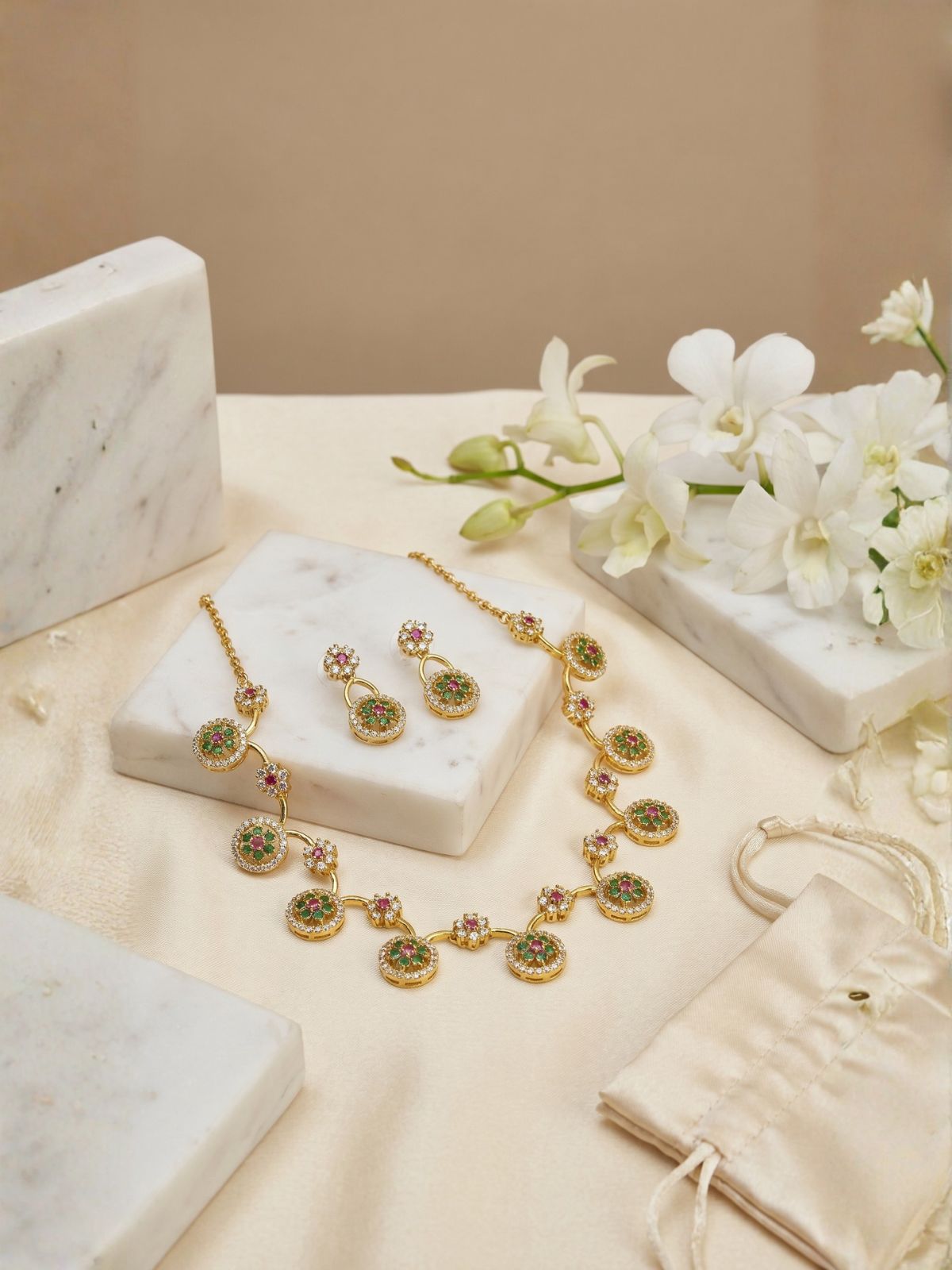 Floral CZ Necklace Set with Multicolor Stone Centers & Drop Earrings – Gold Finish Jewellery